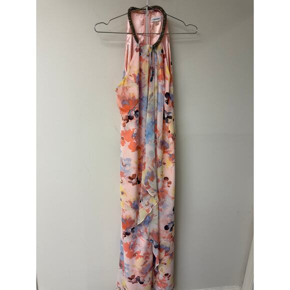 Calvin Klein Chiffon Floral Print Beaded Halter Draped Maxi Dress Pink Size 12 - Picture 3 of 8